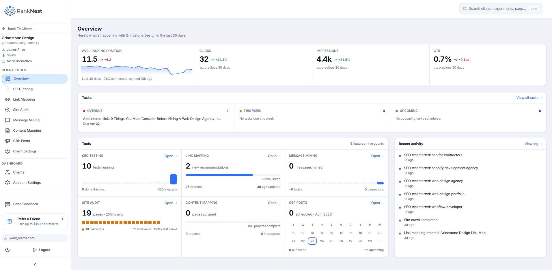 RankNest client overview dashboard showing GSC performance metrics, active SEO experiments, link mapping, content analysis, and client task management in a single unified agency workspace